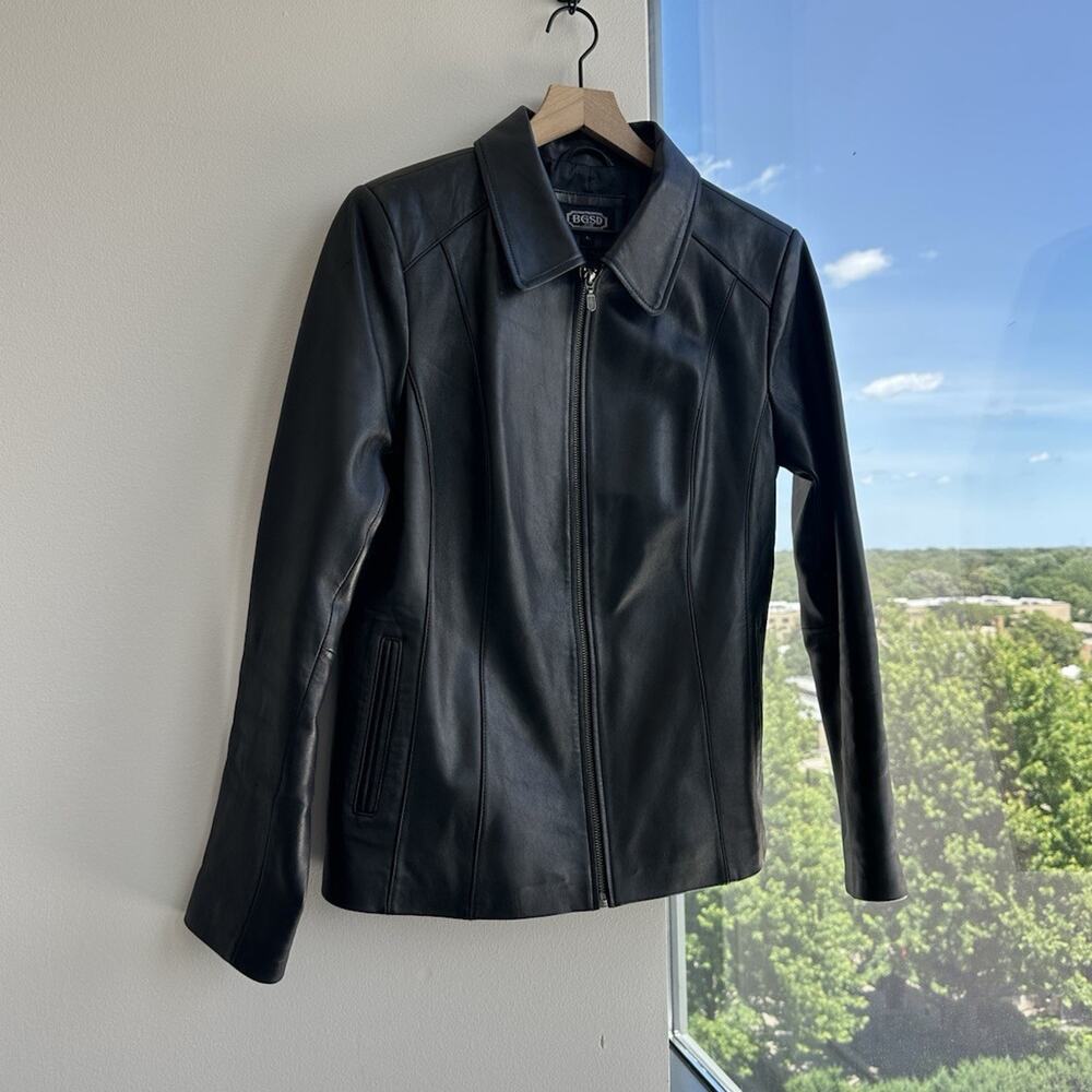 BGSD Black Lamb Leather Zip Front Jacket Pockets Women's Short Lined Size L
